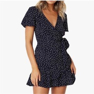 Relipop Wrap Dress Navy Blue Polka Dot Print Short Sleeve Flounce Hem XXL